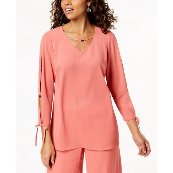 JM Collection Split Sleeve Lattice Neck Top Dusty Coral S