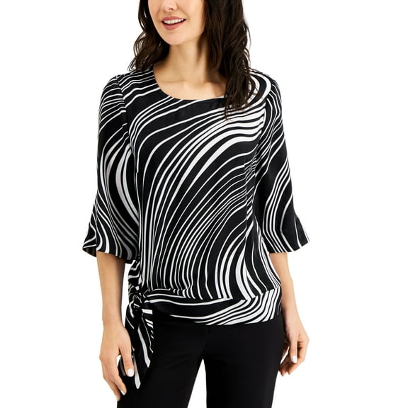 JM Collection Swirl Print Tie Hem Flare Sleeve Top Deep Black Combo S