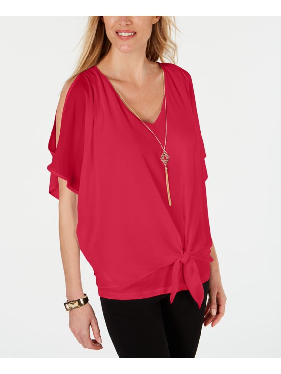 Tie Front Necklace Blouse Pink Twist 2XL