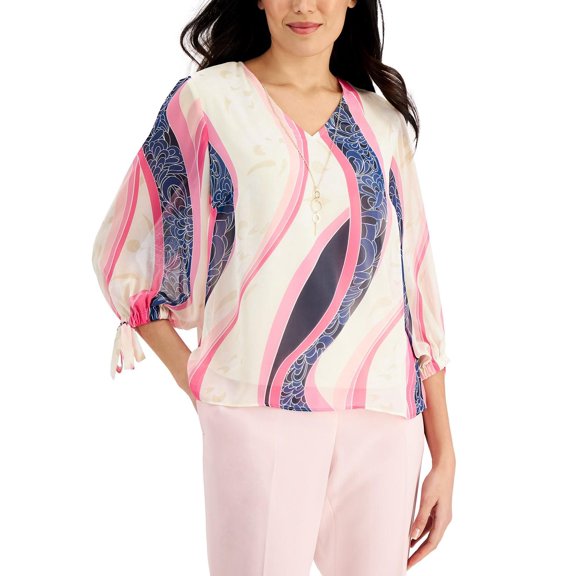 JM Collection Tie Sleeve Necklace Top Intrepid Blue Combo XL