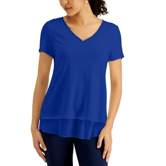 JM Collection V Neck Sheer Hem Top Deep Cobalt S