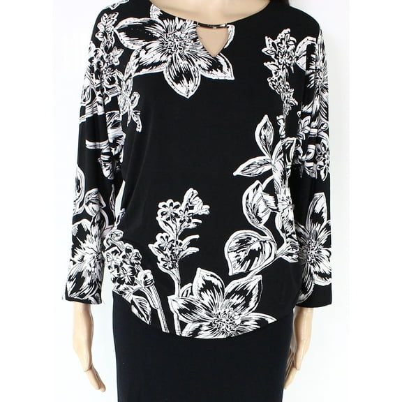 JM Collection Women's 3/4 Sleeve Black Floral V-Neck Stretch Size S