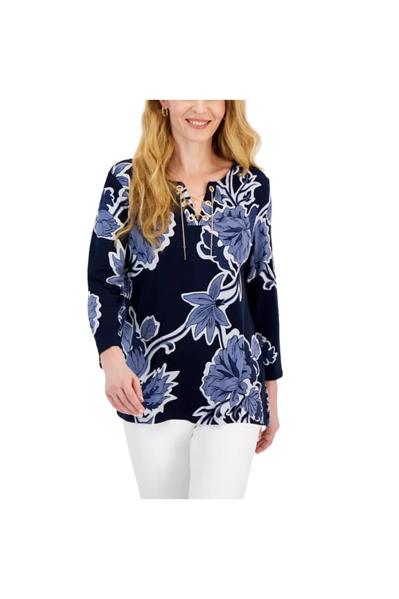Women's 3/4 Sleeve Printed Chain Lace-up Tunic Intrepid Blue, M