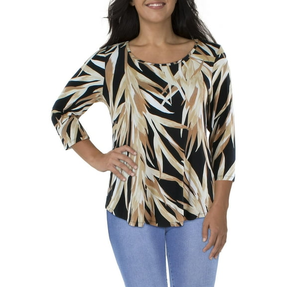 JM Collection Women's 3/4 Sleeve Printed Top Deep Bl Combo Plus Size 1X