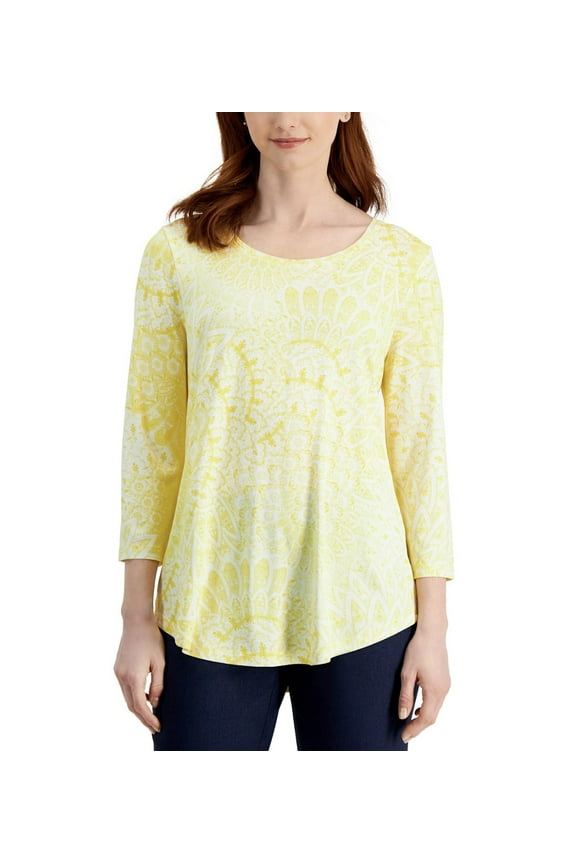 Women's 3/4-Sleeve Printed Top White/Yellow Petite Size PL