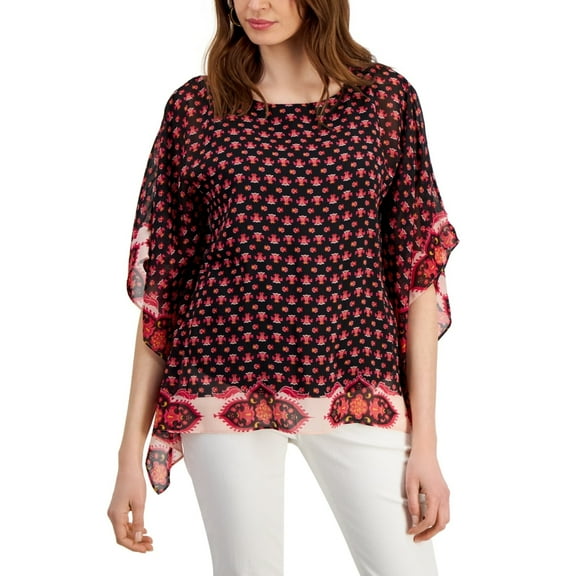 JM Collection Women's Border-Print Poncho Top Deep Black Combo, Small