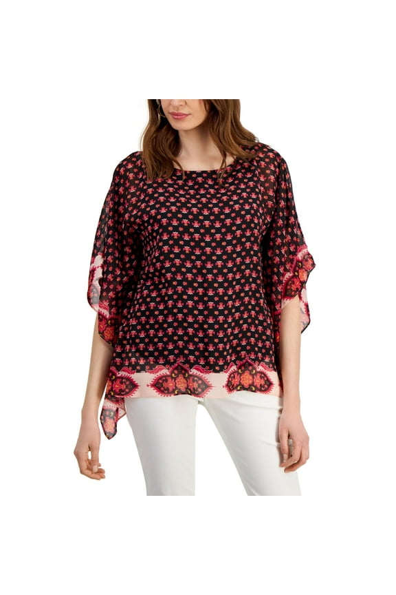 Women's Border-Print Poncho Top Deep Black Combo, Small