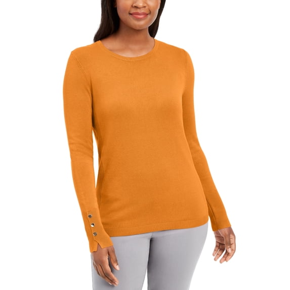 JM Collection Women's Button Cuff Crewneck Sweater Almond Size X-Large