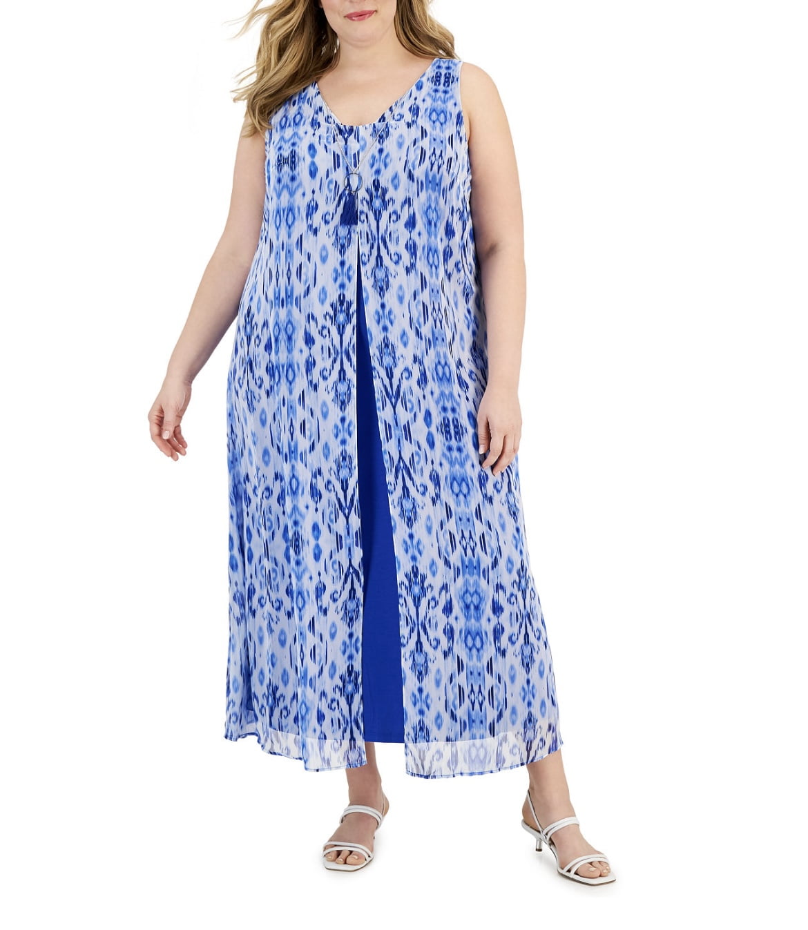 JM Collection Women's Chiffon-Overlay Maxi Dress Deep Cobalt Combo Plus  Size (Deep Cobalt Combo, 3X)