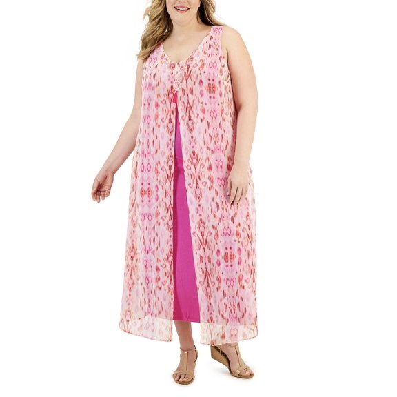 JM Collection Women's Chiffon-Overlay Maxi Dress Fuchsia Tulp Combo Plus Size (1X, Fuchsia Tulp Combo)