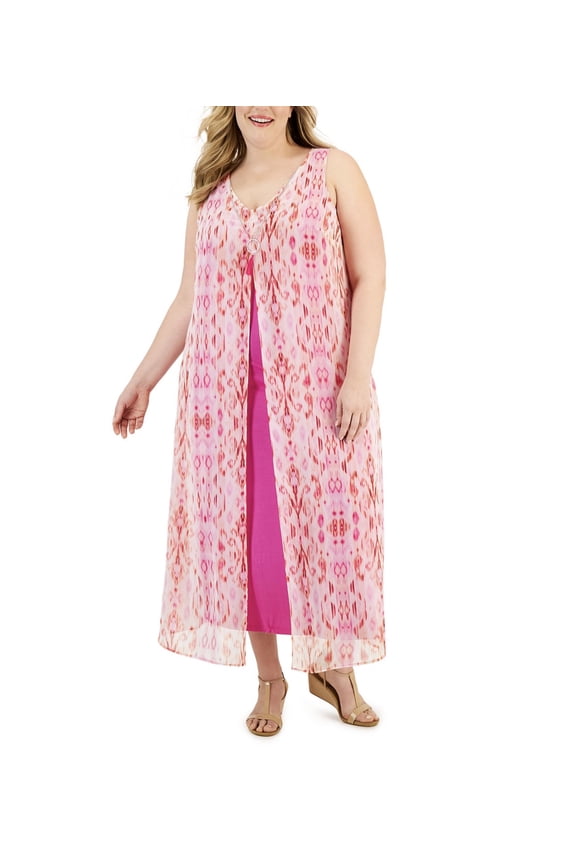Women's Chiffon-Overlay Maxi Dress Fuchsia Tulp Combo Plus Size (2X, Fuchsia Tulp Combo)