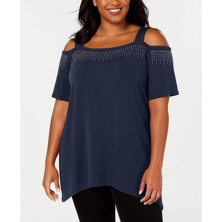 JM Collection Women s Cold Shoulder Embellished Top Dark Blue Size Small