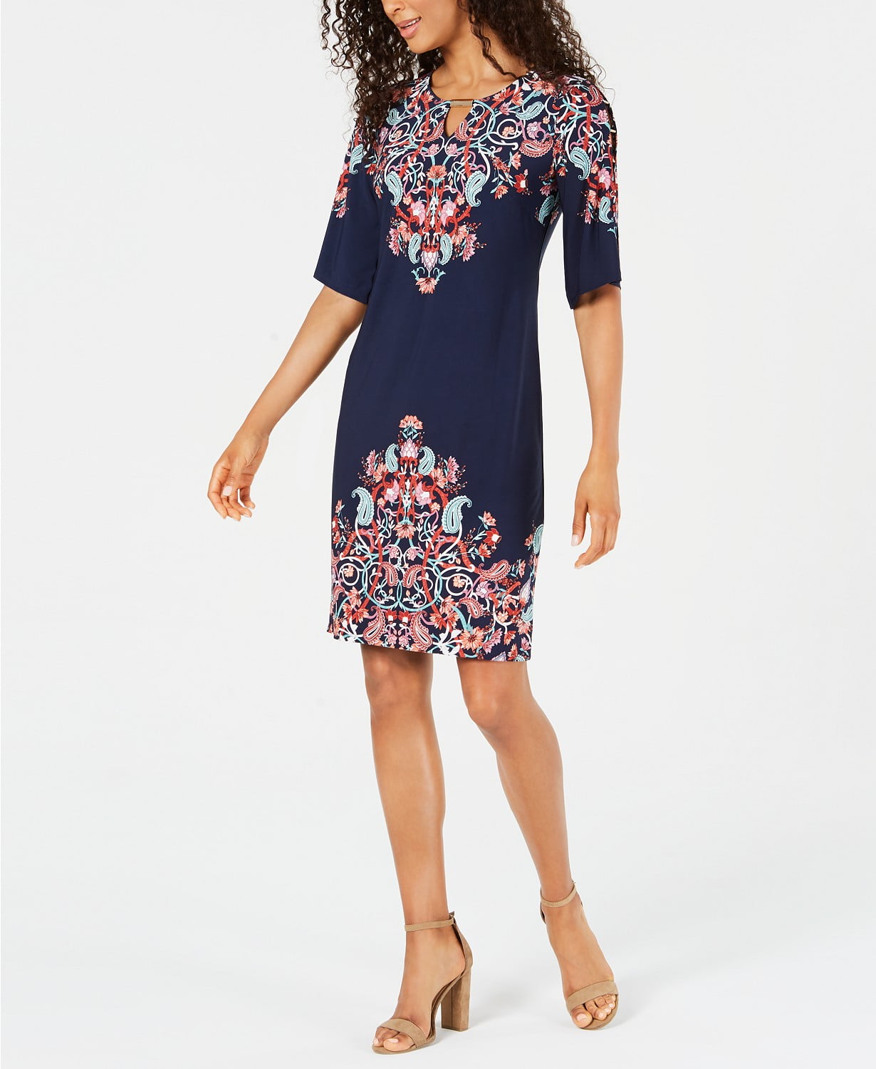 JM Collection Women s Collection Floral Print Studded Dress Navy
