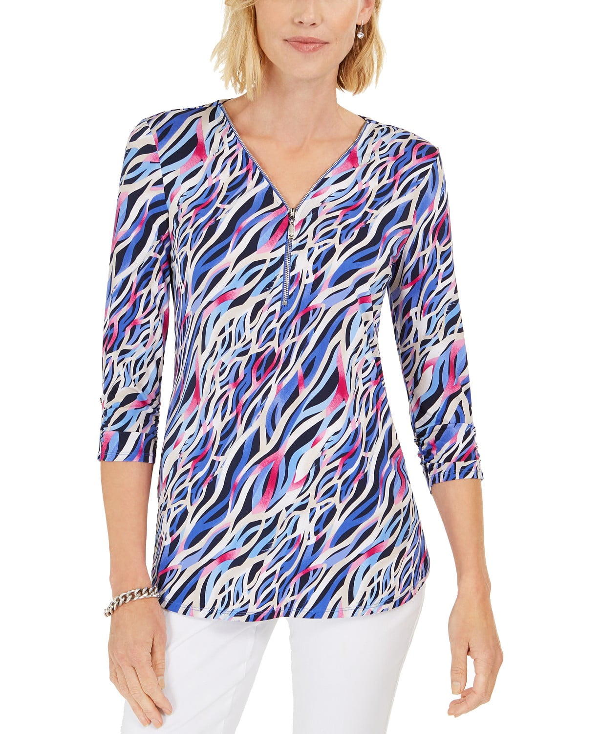 JM Collection Women's Collection Printed Zip-Front Top Blue Size X