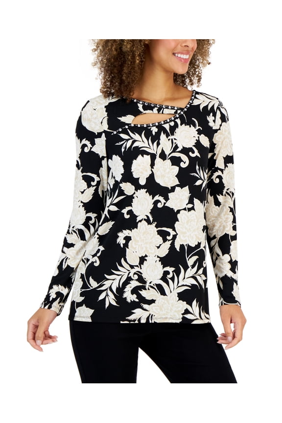 Women's Elaborate Festive Embellished Cutout Top Black Size Petite Small