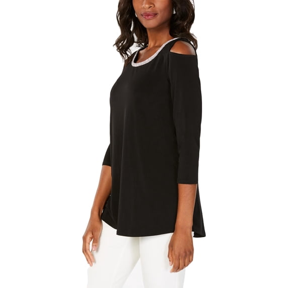 JM Collection Women's Embellished Cold Shoulder Top Black Size PS