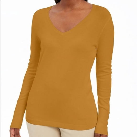 JM Collection Women's Embellished-Sleeve V-Neck Sweater Gold Size X-Large