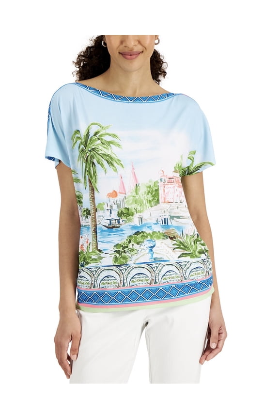 Women's Exotic Voyage Graphic-Print Top Blue CL Combo Size M
