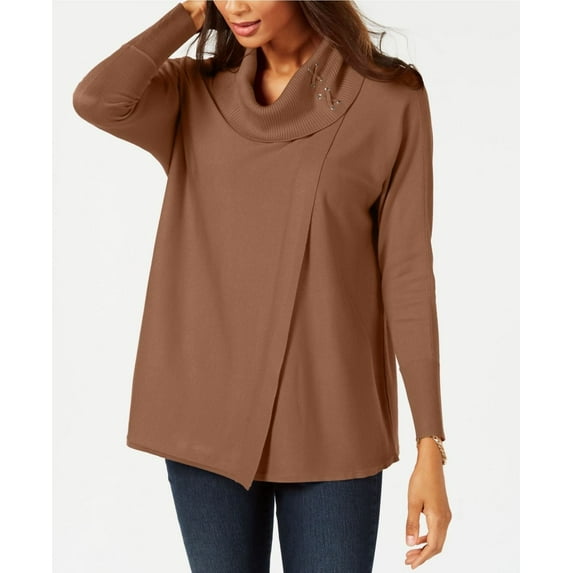 JM Collection Women's Faux-Wrap Cowl-Neck Sweater Brown Size Medium