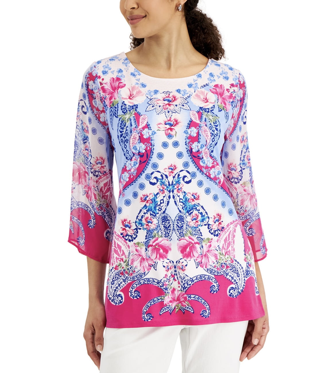 Jm Collection Womens Printed Zip Front Crinkle Texture Top Blue Size Large
