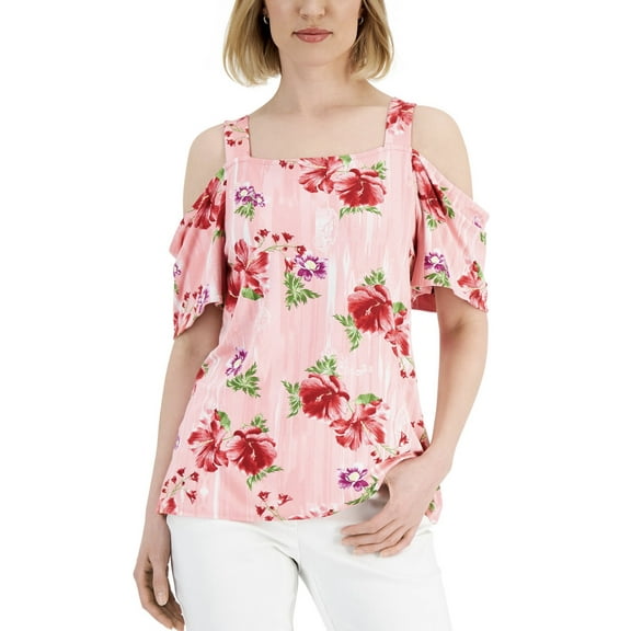 JM Collection Womens Printed Cold-Shoulder Top Cherry Flame Combo L