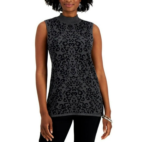 JM Collection Women's Jacquard Sleeveless Sweater Grey Animal Size XS