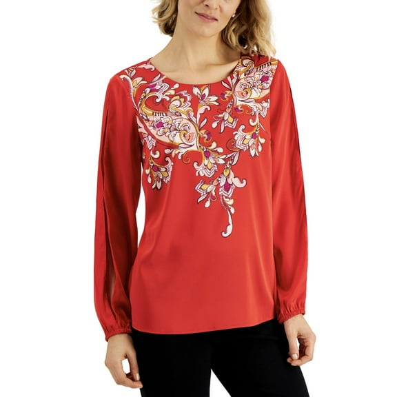 JM Collection Women's Long Sleeve Printed Satin Blouse Real Red Combo Size M