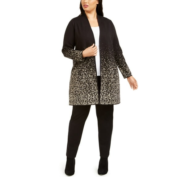 JM Collection Women's Metallic Print Open Front Cardigan Black Size 1X