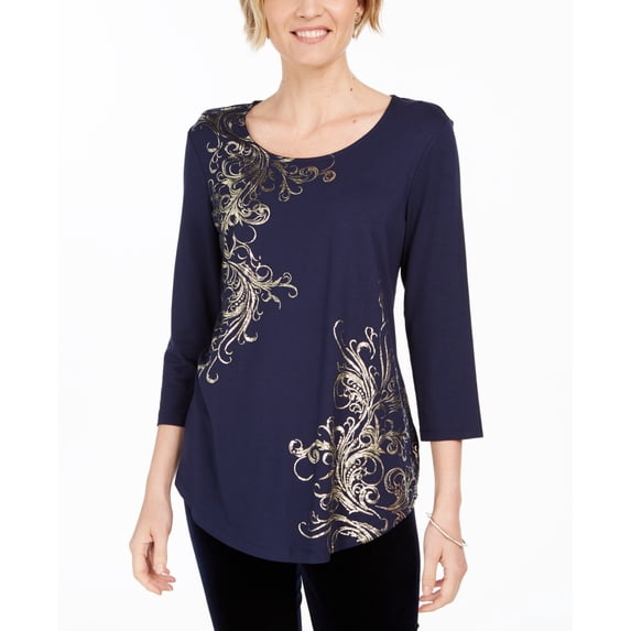 JM Collection Women's Metallic Print Tunic Top Blue Size Large