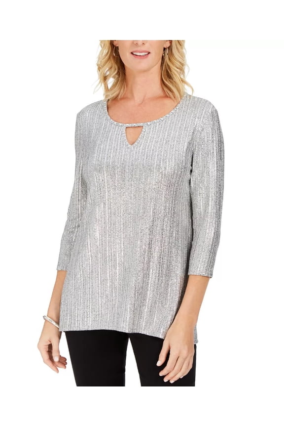 Women's Metallic Ribbed Keyhole Top Silver Petite Size PL