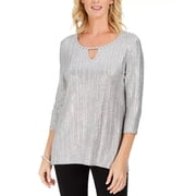 JM Collection Womens Metallic Ribbed Keyhole Top Silver Petite Size PL