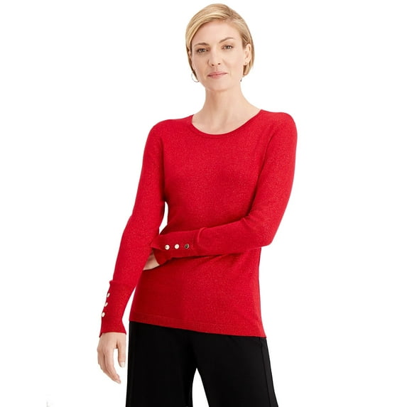 JM Collection Women's Metallic Round Neck Stud Cuff Sweater Red Size Medium