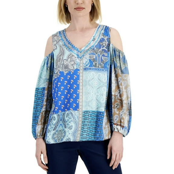 JM Collection Women's Paisley-Print Cold-Shoulder Top Deep Cobalt Size L