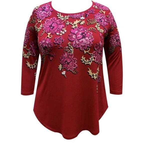JM Collection Women's Petite 3/4-Sleeve Printed Top New Red Amore Combo Size PP