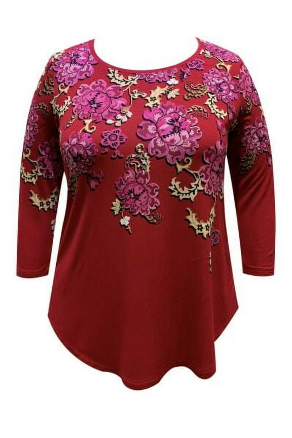 Women's Petite 3/4-Sleeve Printed Top New Red Amore Combo Size PP