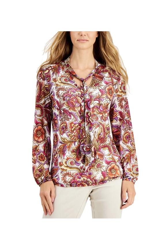 Women's Petite Printed Tie-Neck Top Eggshell Combo Size PXL