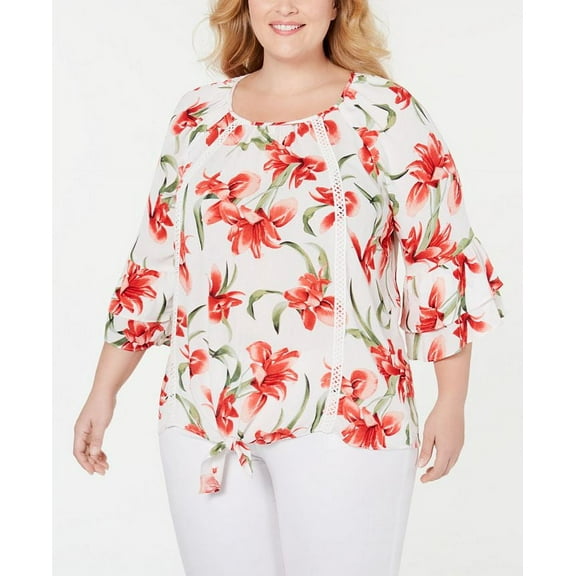 JM Collection Plus Size Floral Print Tie Hem Top Vintage 1X