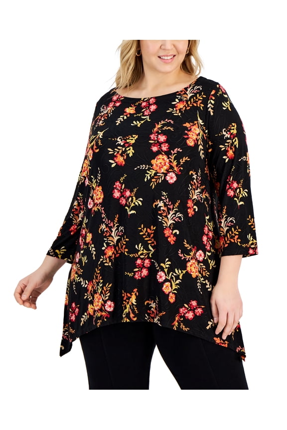 Women's Plus Size Flowing Foliage Jacquard Top Deep Black Combo 1X