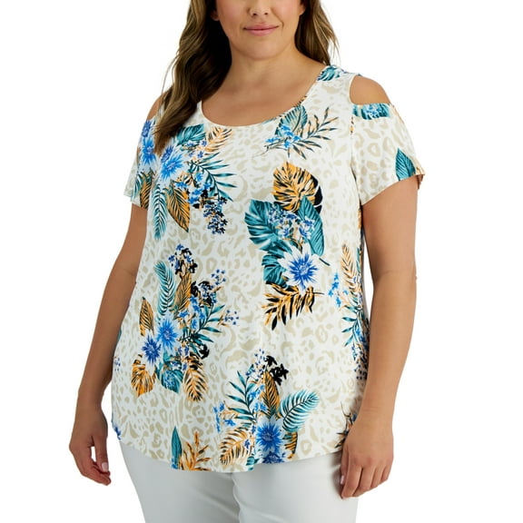 JM Collection Women's Plus Tropical Wilderness Top White Size 0X