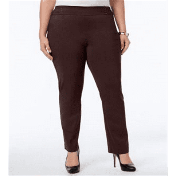 JM Collection Women's Plus Tummy Control Pull on Slim Leg Pants Brown Size 14W-P