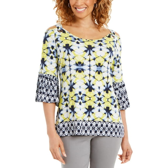 JM Collection Women's Printed Cold Shoulder Top Blue Size Petite Small