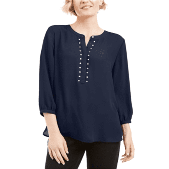 JM Collection Women's Rivet Front Pleated Back Top Blue Size Petite Small