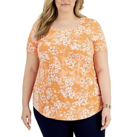 JM Collection Women's Short Sleeve Printed Top Clem Orange Combo Plus Size 3X