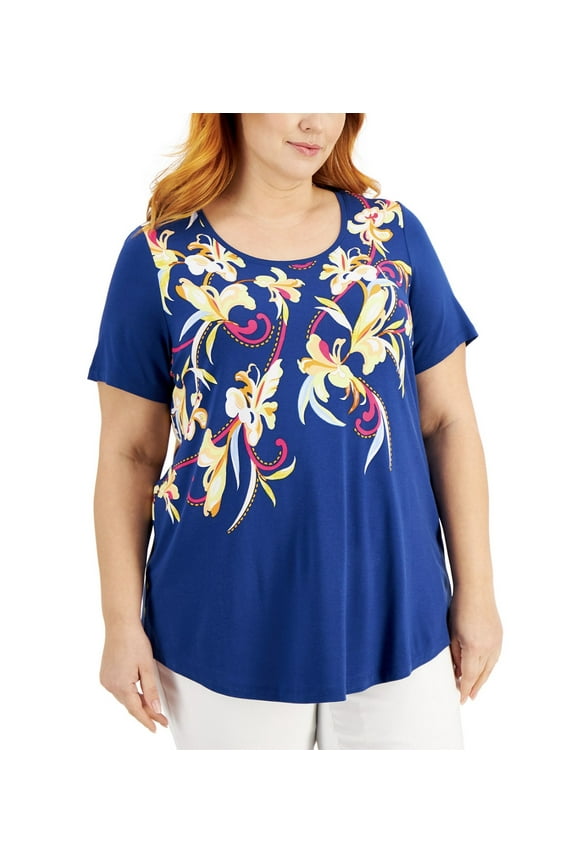 Women's Short Sleeve Printed Top Navy Peony Combo Plus Size 3X