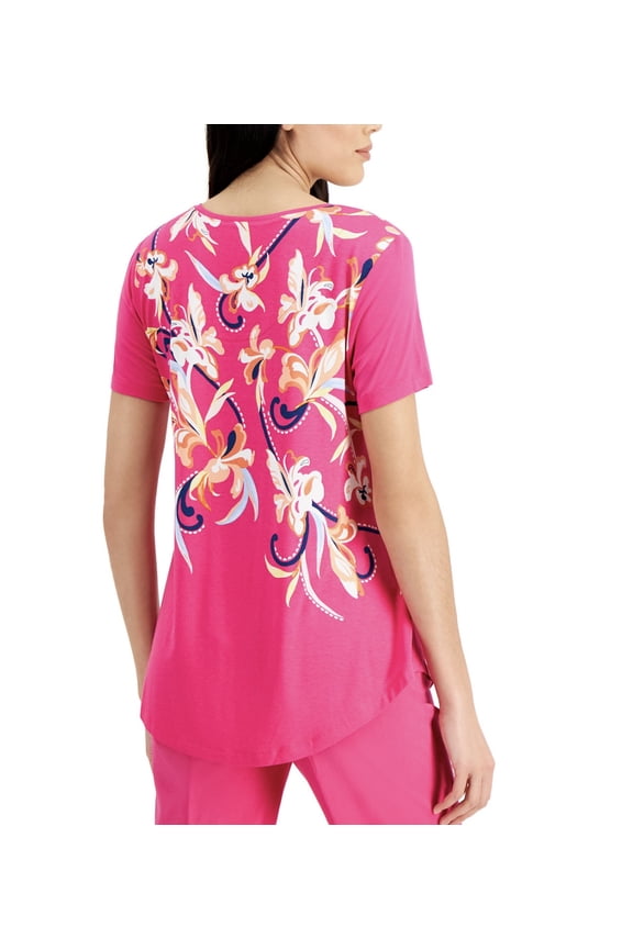 Women's Short Sleeve Scoop Neckline Printed Tunic Fuchsia Purple (Fuchsia Purple, S)