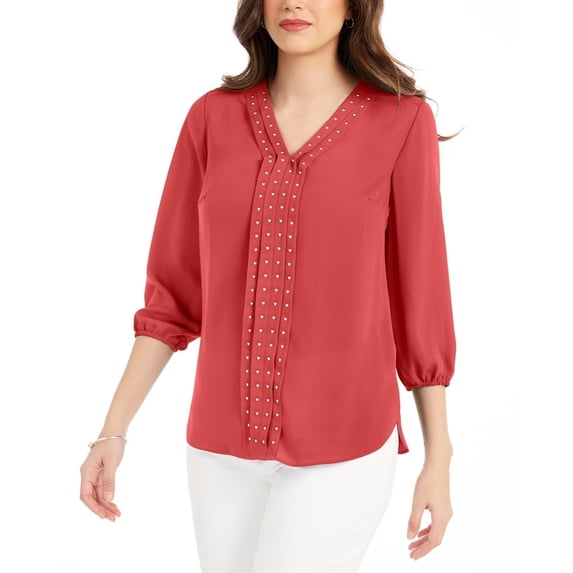 JM Collection Women's Solid Studded Pleated Blouse Red Size Large