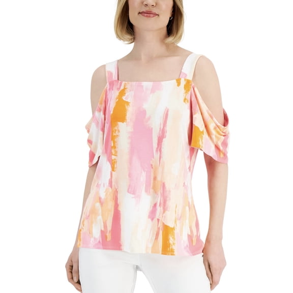 JM Collection Womens Printed Cold Shoulder Top Pink Gemstone Combo L