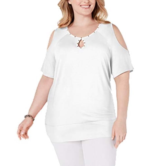 Plus Size Studded Cold-Shoulder Top White Bright 2X
