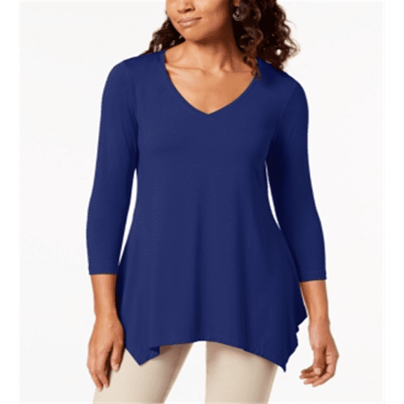 JM Collection Women's V Neck Handkerchief Hem Top Blue Size Small