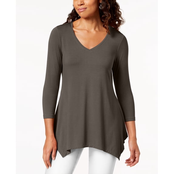 JM Collection Women's V Neck Handkerchief Hem Top Brown Size Small